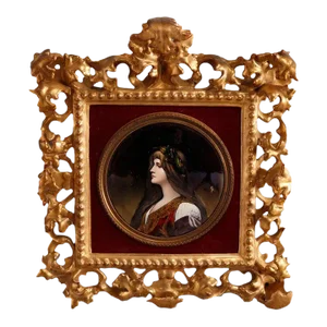 Antique Italian Enamel on Copper Portrait of Classical Woman in Giltwood Frame