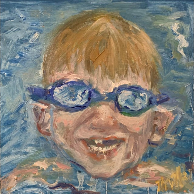 Pool Boy, Contemporary Oil Painting on Birch Board 8"x8" ready to hang. A young boy is happy to swim in the pool, missing...