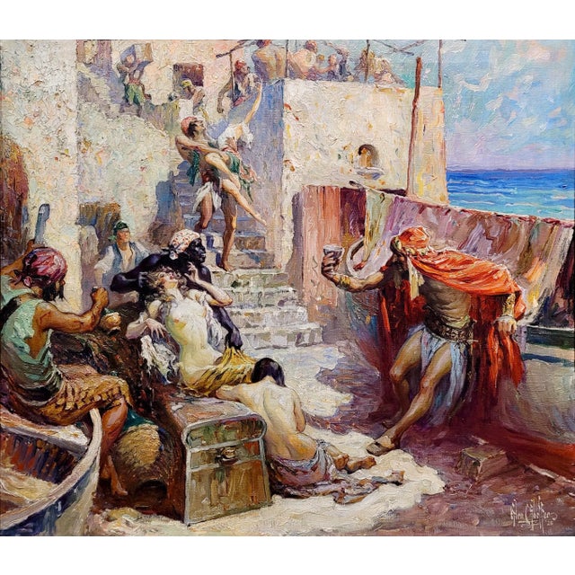 American Glenn Crawford Sheffer-Barbarossa Pirates Looting a Village-1920s Oil Painting For Sale - Image 3 of 13