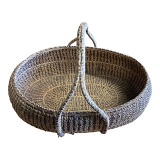 Vintage Handwoven African / Moroccan Style Oval Raffia Basket With Center Cross Handle For Sale