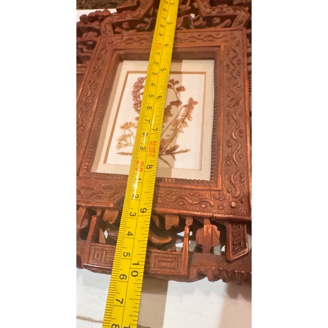 Late 19th Century Antique Chinese Hand-Carved Wooden Frame With Carved Figures in Frame and Pressed Flowers. For Sale - Image 5 of 12