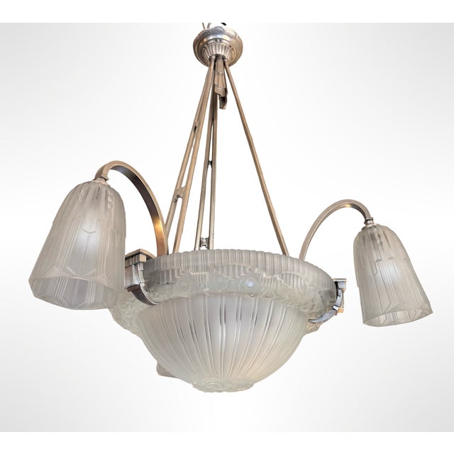 Art Deco Chandelier in Nickel-Plated Bronze by Georges Leleu Jehel, 1930 For Sale - Image 6 of 18