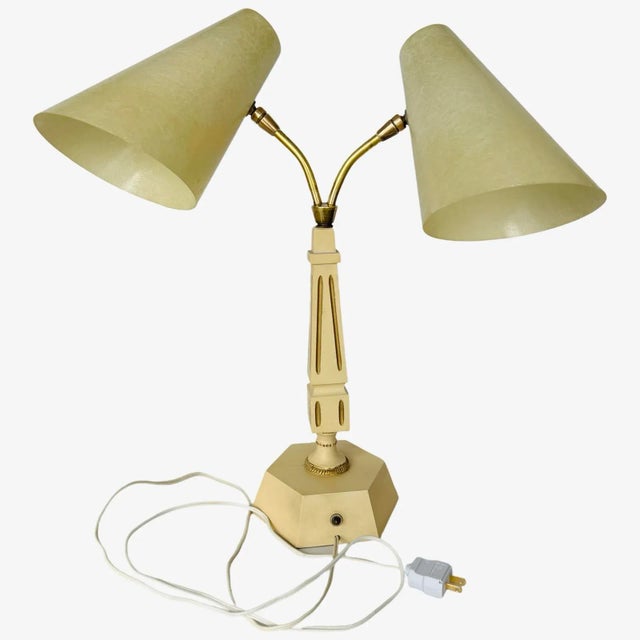 Mid Century Stilnovo Style Hollywood Regency Double Goosenecks Obelisk Table Lamp With Fiberglass Tapered Shades For Sale - Image 10 of 11