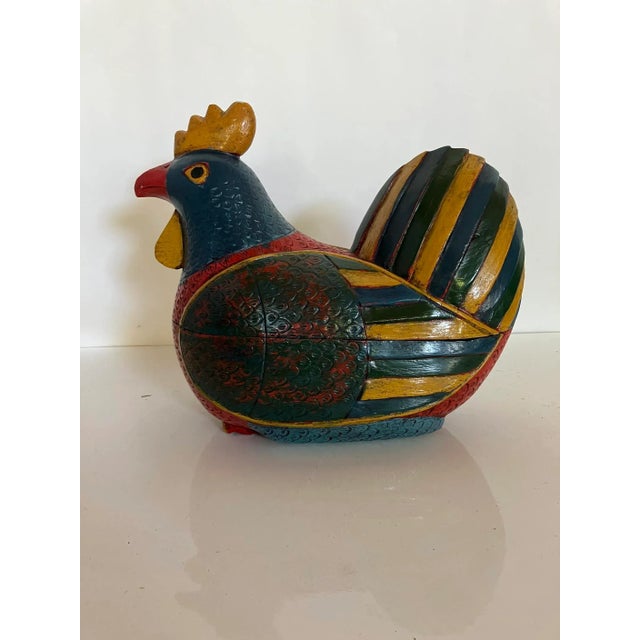 Early 20th Century Northern Thailand Painted Wood Rooster With Interior Cavity For Sale - Image 10 of 16