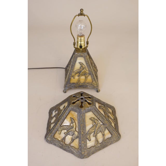 1980s Native American Indian End of Trail Caramel Slag Stained Glass Shade Table Lamp For Sale - Image 11 of 11