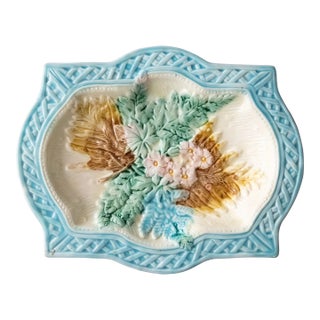 19th Century English Majolica Turquoise Basketweave Floral Platter For Sale