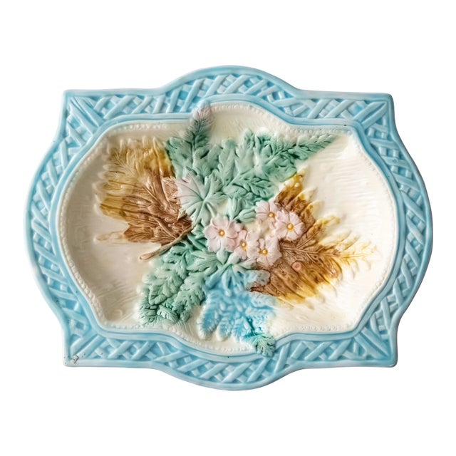 19th Century English Majolica Turquoise Basketweave Floral Platter For Sale