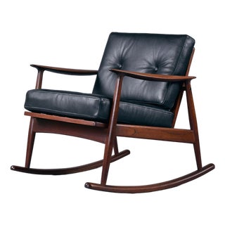 Restored Moreddi 1950's Danish Teak Rocking Chair in New Black Leather For Sale