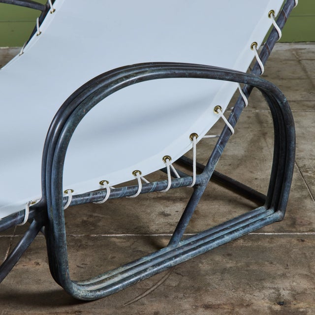Early Walter Lamb Bronze & Canvas Double Wide Patio Chaise Lounge For Sale - Image 13 of 16