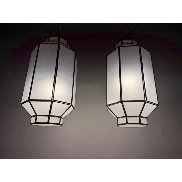 1990s Art Deco Style Frosted White Milk Glass & Bronze Octagonal Pendant - a Pair For Sale - Image 4 of 15