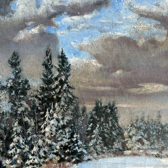 Sky Blue 1937 Winter Landscape, Oil on Canvas -- Framed For Sale - Image 8 of 11