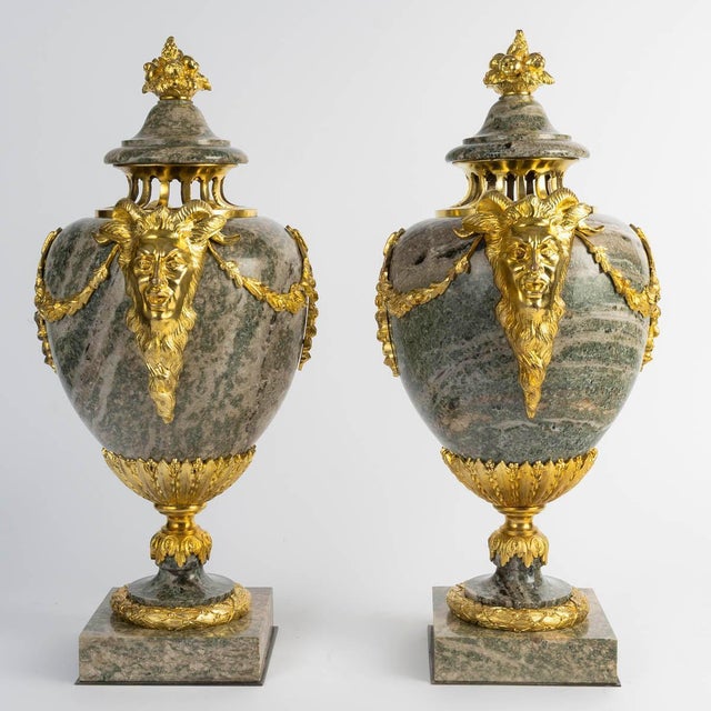 Louis XVI Green Granite Cassolettes with Gilded Bronze, Set of 2 For Sale - Image 3 of 9