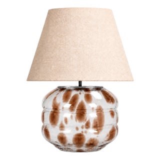Hand-Blown Glass Table Lamp with Linen Shade in Ice Blue Speckled by Svitanok For Sale