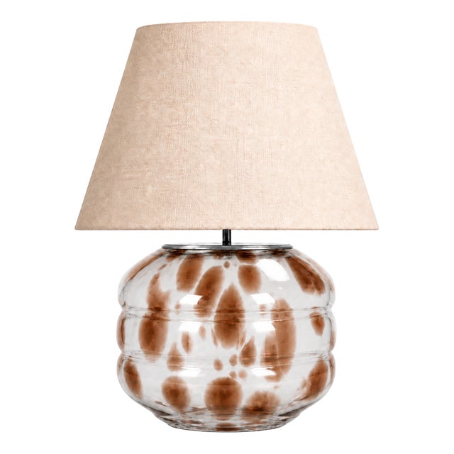 Hand-Blown Glass Table Lamp with Linen Shade in Ice Blue Speckled by Svitanok For Sale