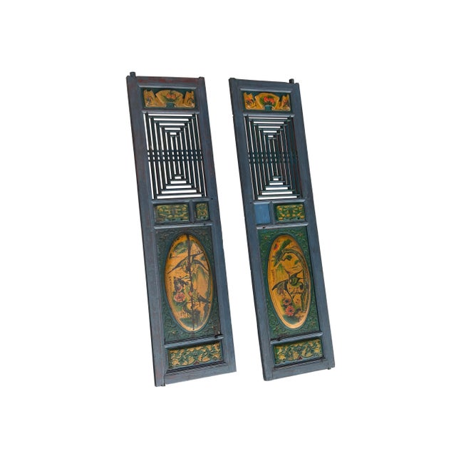 Wood Pair Vintage Chinese Teal Blue Yellow Fujian Style Graphic Wood Wall Door Panels For Sale - Image 7 of 11