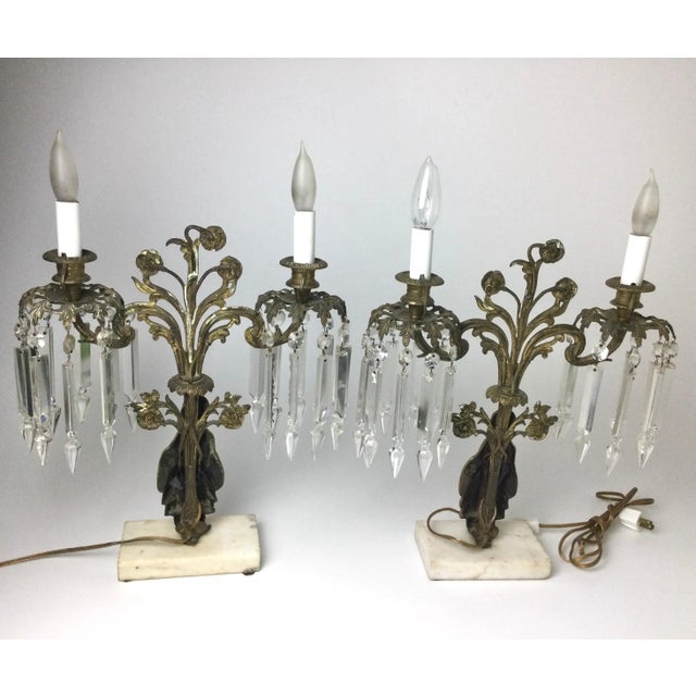 Mid 20th Century Brass Figural Candelabra Lamps with Prisms A Pair
