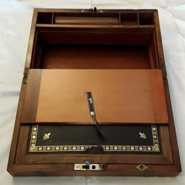 Ancient English Walnut and Brass Intarsia Desk Box with Secret Compartment For Sale - Image 5 of 12