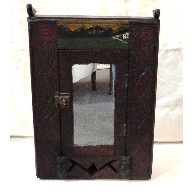 Folk Art Fantastic 19thc Folk Art Hand Carved & Original Painted Cabinet W/Mirror For Sale - Image 3 of 10