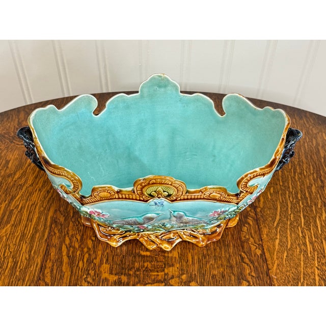 Antique French Onnaing Majolica Cache Pot Planter Bowl Jardiniere Love Birds For Sale - Image 9 of 18