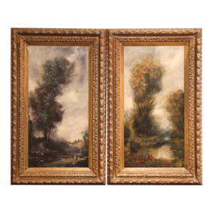 Mid 20th Century Pair of Mid-Century French Vertical Landscapes Oil Paintings Barbizon Style, Framed