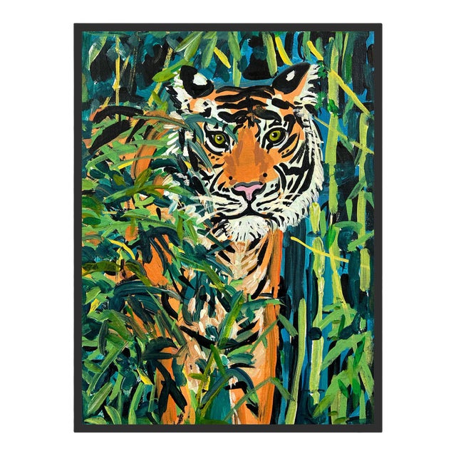 Tiger in Bamboo by Jelly Chen in Black Framed Paper, Large Art Print For Sale