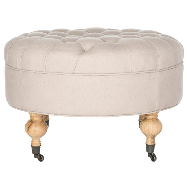 Tufted Round Ottoman in Taupe & Pickled Oak For Sale In Philadelphia - Image 6 of 6