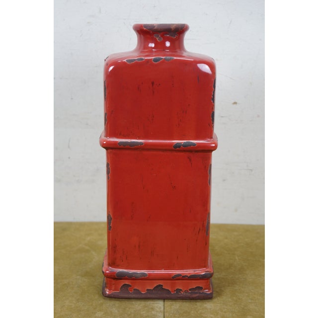 Red JCPenney Imax Distressed Red Ceramic Lidded Mantel Vase Urn Bottle 18" For Sale - Image 8 of 14