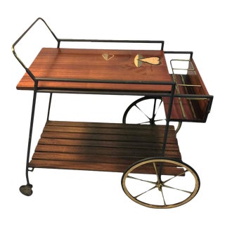 Fornasetti Style Italian Mid-Century Wood & Brass Bar Cart For Sale