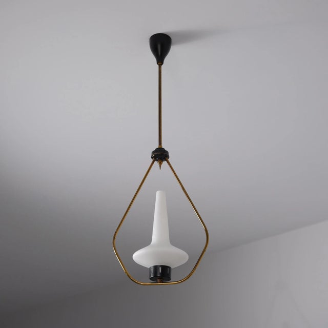 1950s Brass and Iron Pendant with Opaline Glass Shade, 1950s For Sale - Image 5 of 10