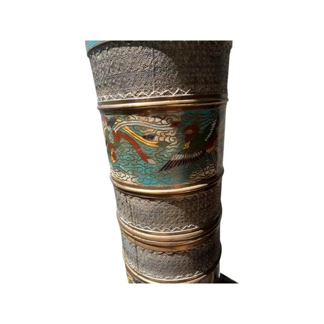 Antique Chinese Bronze & Cloisonné Phoenix Umbrella Stand For Sale In Boston - Image 6 of 12
