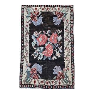 Vintage Caucasian Karabagh Kilim, Flat-Woven Wool, Floral Bouquet Pattern, Dark Brown & Ivory, 5x8 For Sale