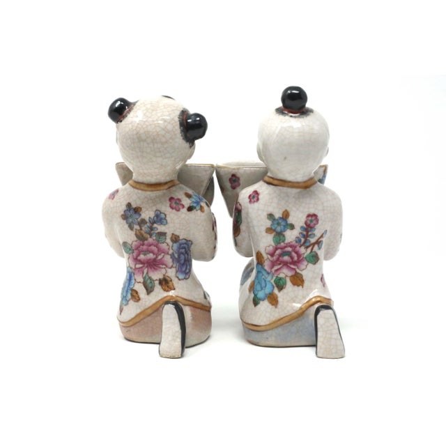 Chinoiserie Vintage Chinoiserie Ceramic Kneeling Boy and Girl Figures - Set of 2 For Sale - Image 3 of 12