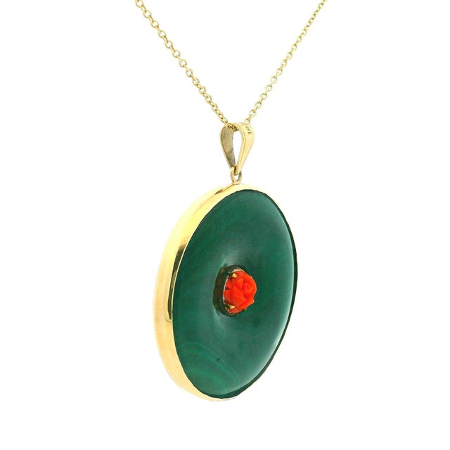 Vintage Italian 14k Gold Jade and Carved Coral Statement Pendant For Sale - Image 4 of 11