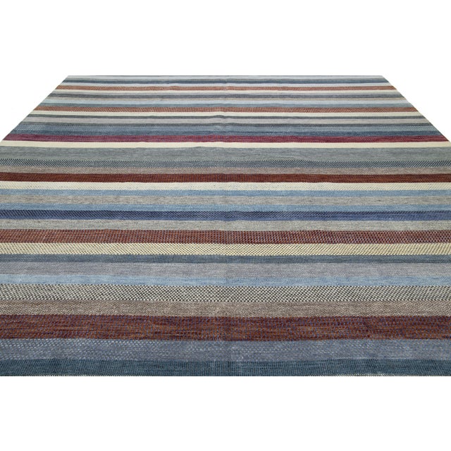 Striped Designed Modern Savannah Handmade Wool Rug in Gray For Sale - Image 10 of 12