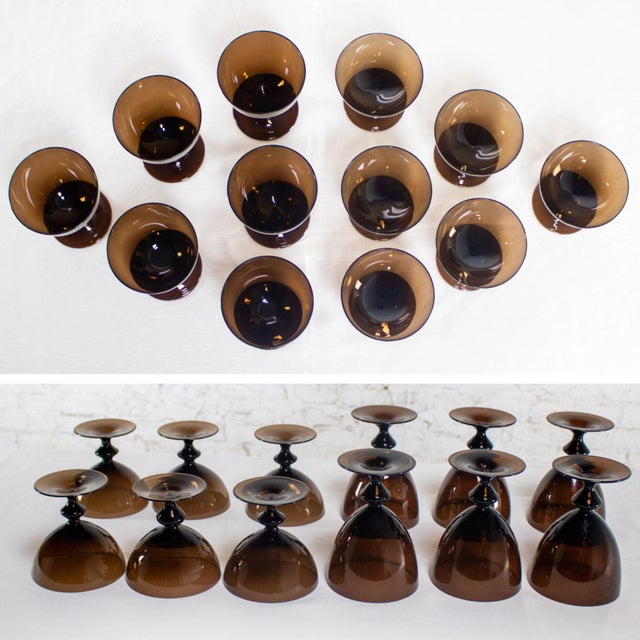 Glass Mid to Late 20th Century Scandinavian Modern Stemware Brown Set of 12 Attr Bjorkshult Swedish Glass For Sale - Image 7 of 18