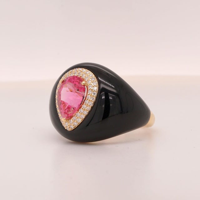 Contemporary 2.72ct Pear Tourmaline, Diamond and Onyx in 14ct Yellow Gold - Fei Liu, Size 7.5 For Sale - Image 3 of 11