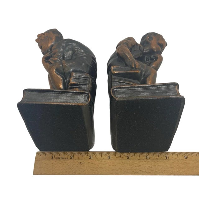 Mid 20th Century Cast Metal With Bronze Tone Bookends With Thinking Boy Sitting on Stack of Books Design - a Pair For Sale - Image 10 of 12