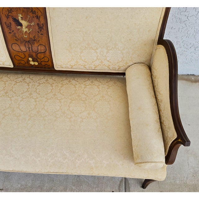 Antique Edwardian Inlaid Mythical Griffin Mahogany Double-Chair-Back Settee For Sale - Image 10 of 12