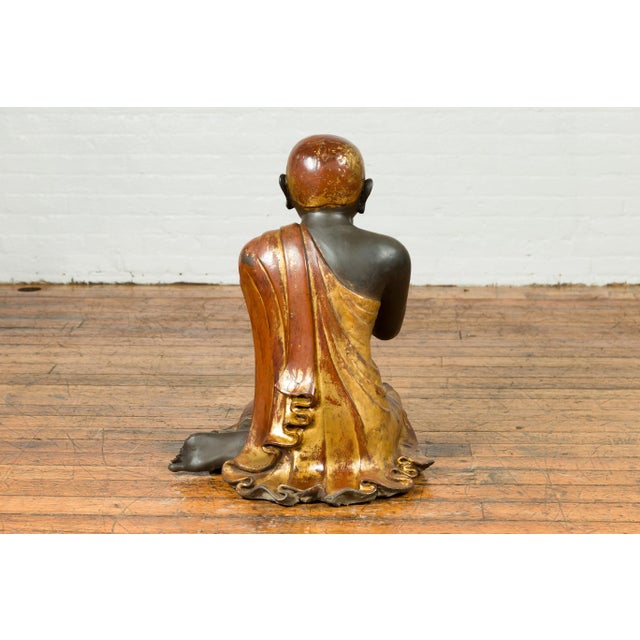Stone Mid 19th Century Thai Kneeling Ceremonial Temple Monk Lacquered and Gilt Sculpture For Sale - Image 7 of 13