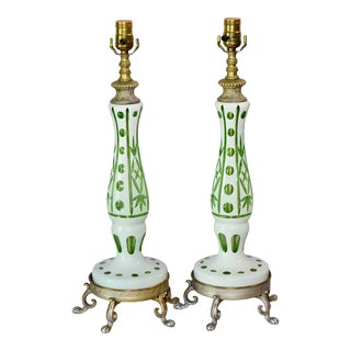 Bohemian Cut Glass Moser Overlay White to Green Lamps For Sale