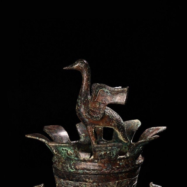 Vintage Archaic Bronze Vase With Crane Finial & Beast Handles – Hu Form Vessel For Sale - Image 9 of 9