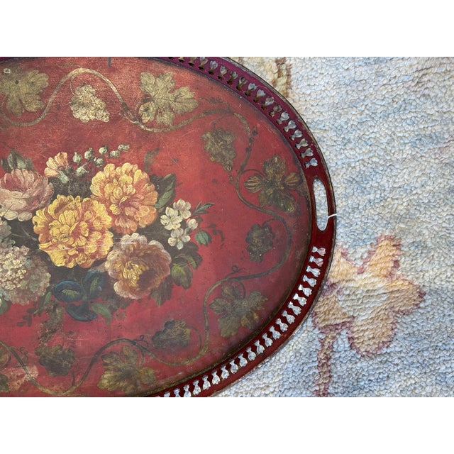 Traditional Antique Oval Handpainted Peony and Roses Toleware Tray For Sale - Image 3 of 4