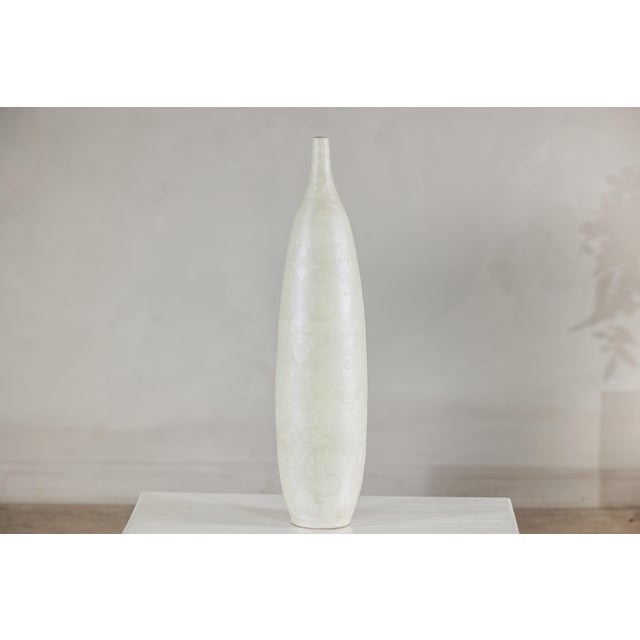 Artisan Tall White Ceramic Vase with Subtle Relief Decoration For Sale - Image 16 of 18
