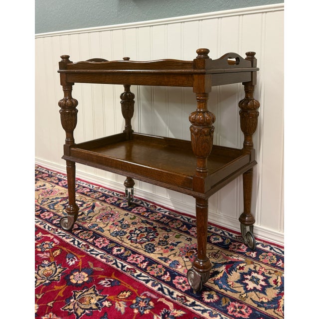 Brown Antique English Trolley Tea Cart Pastry Cocktail Bar Cart Tray Tudor Oak 1930s For Sale - Image 8 of 15