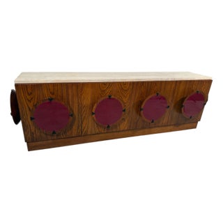 Italian Mid-Century Modern Sideboard With Travertine Top & Circular Red Accents, 1970s For Sale