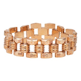 1940s Portuguese Retro Bracelet 19k Rose Gold 7.5" Fine Jewelry Square Link For Sale