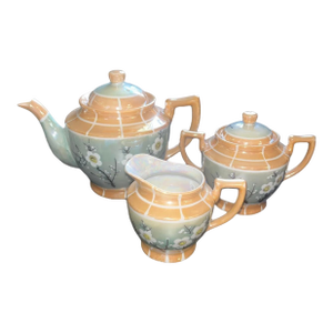 Antique Takito Lusterware Cherry Blossom Japanese Teapot, Creamer & Sugar Set