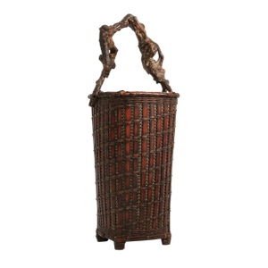 Early 1900s Meiji Japanese Bamboo Basket Root Handle Ikebana Tea Ceremony Flower Vase