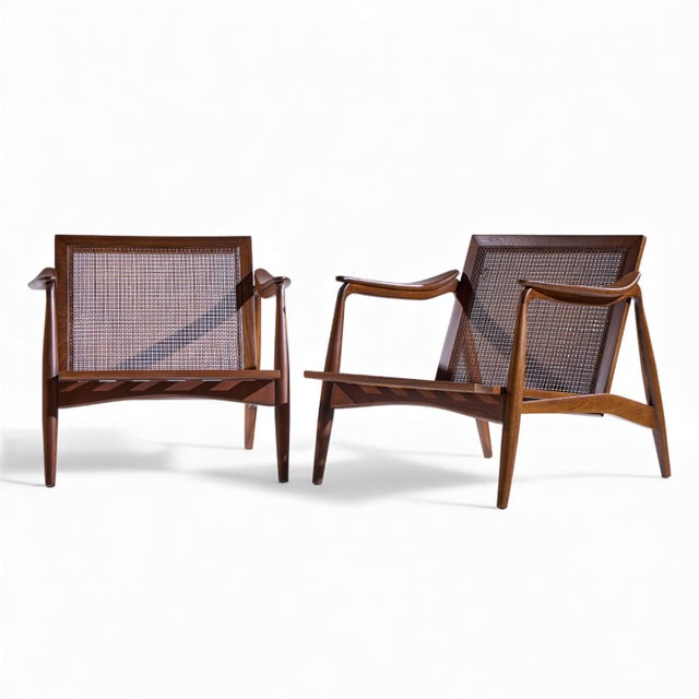 Mid-Century Modern Lawrence Peabody for Richardson Nemschoff Mid Century Ebonized Walnut and Cane Lounge Chairs - Pair For Sale - Image 3 of 12