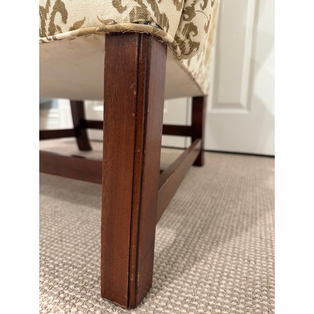 Vintage Custom Upholstered Wing Back Chair With Mahogany Base For Sale - Image 11 of 17